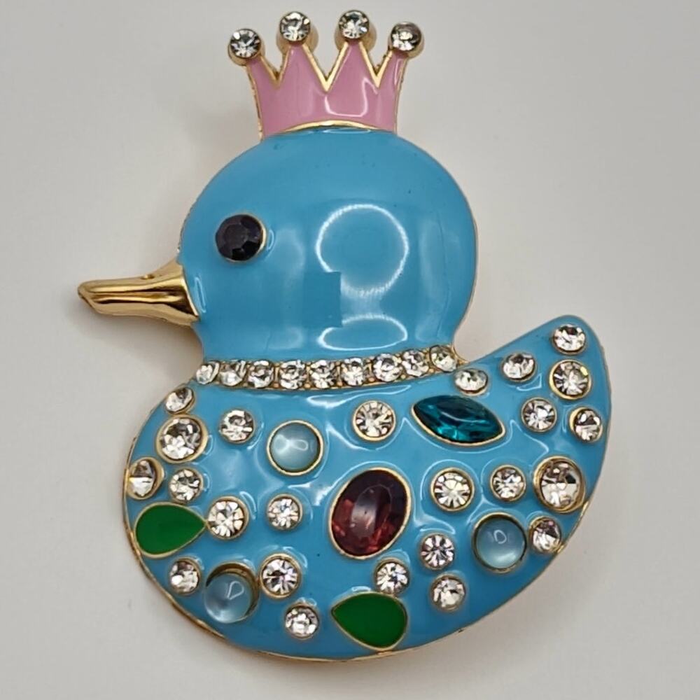 Duck Brooch Blue with Pink Princess Crown Enamel with Rhinestones